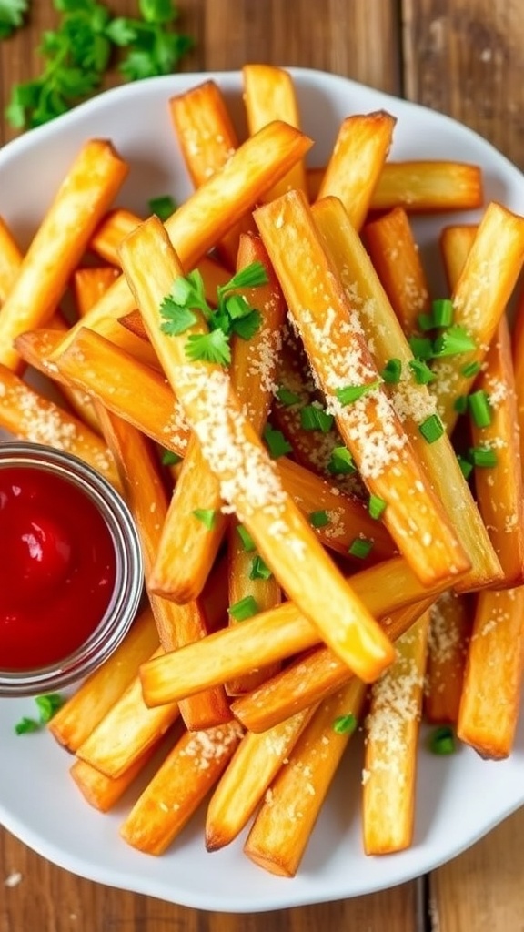 Homemade Air Fryer Parmesan French Fries Crispy air fryer parmesan french fries garnished with parsley, served with ketchup on a rustic table.